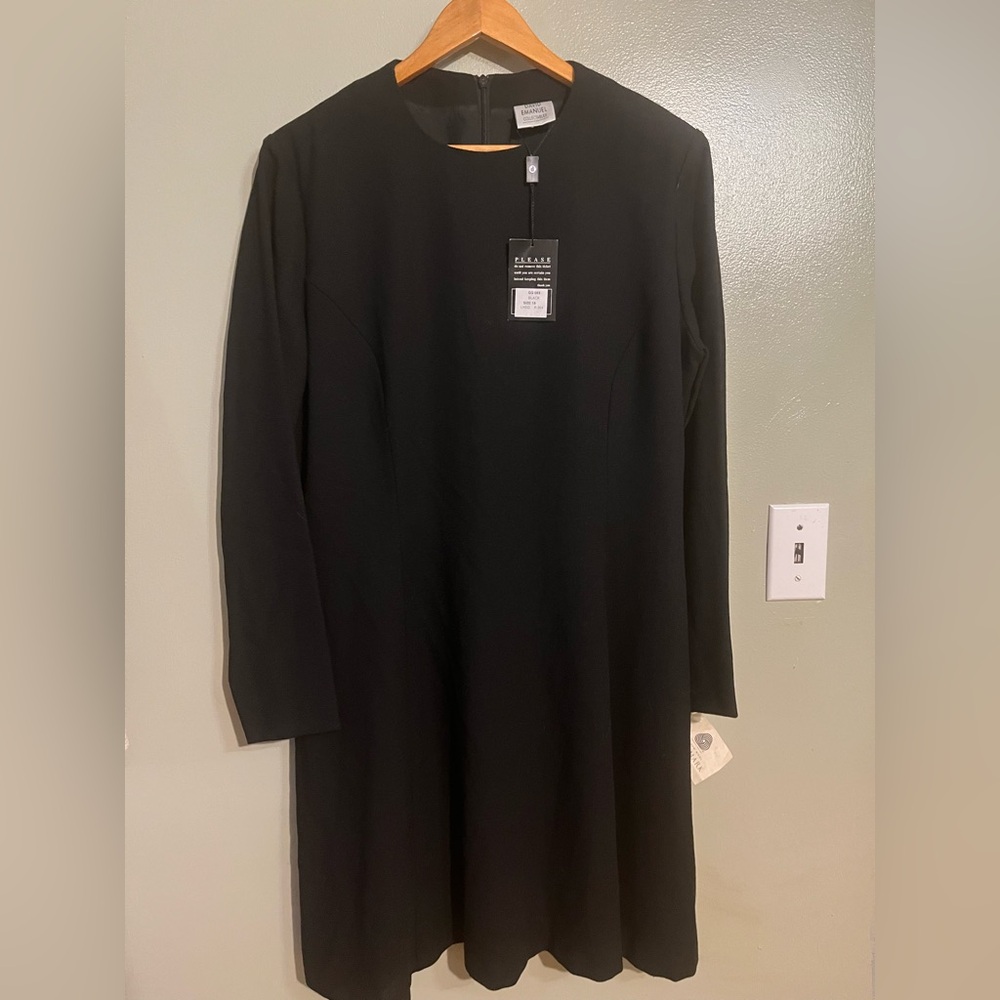 David Emanuel Elegant Black Long Sleeve Dress Pure New Wool Lined 18 NWT